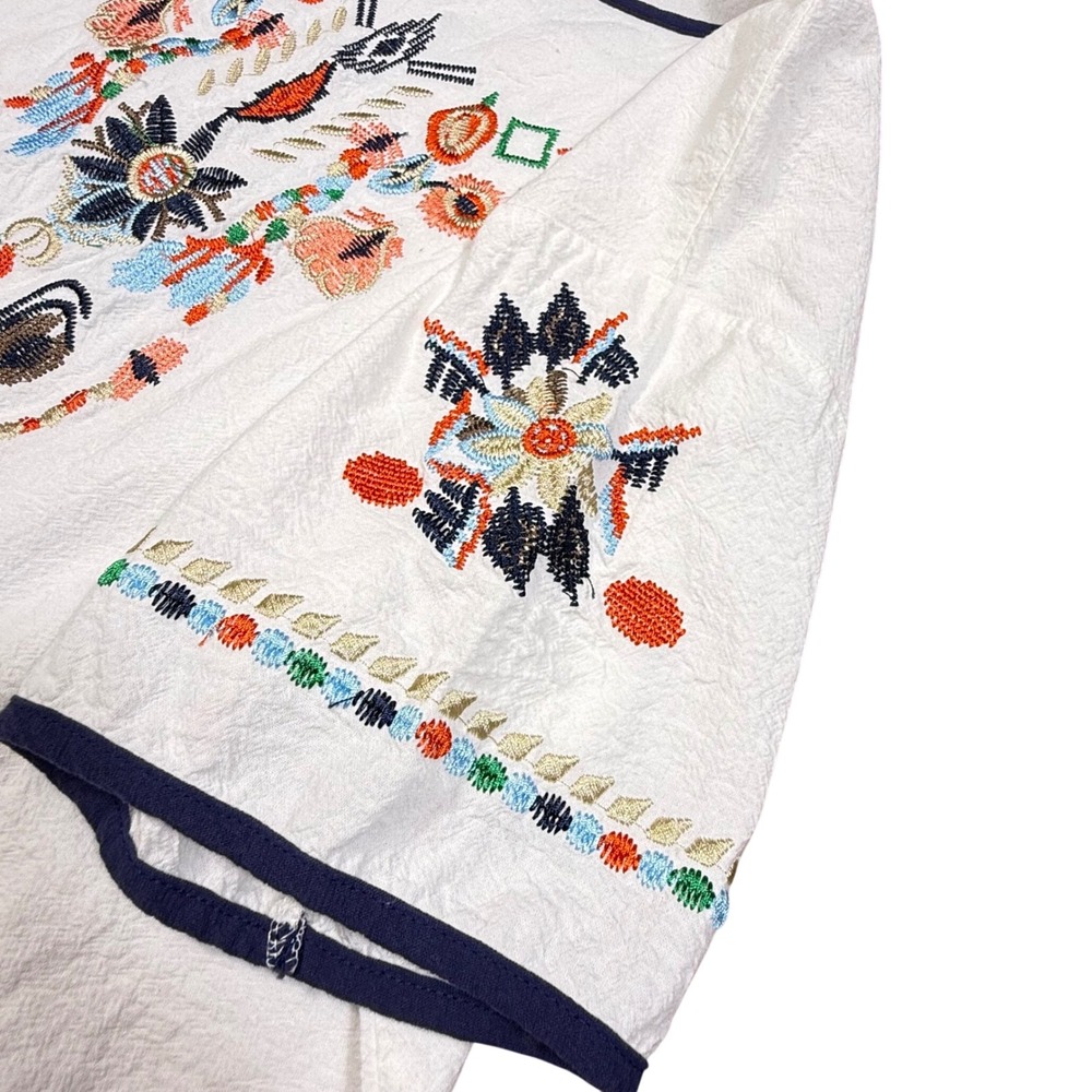 White Cotton Linen Embroidered Boho Short‎ Sleeve Top Sz M lightweight Oversized - Picture 4 of 10